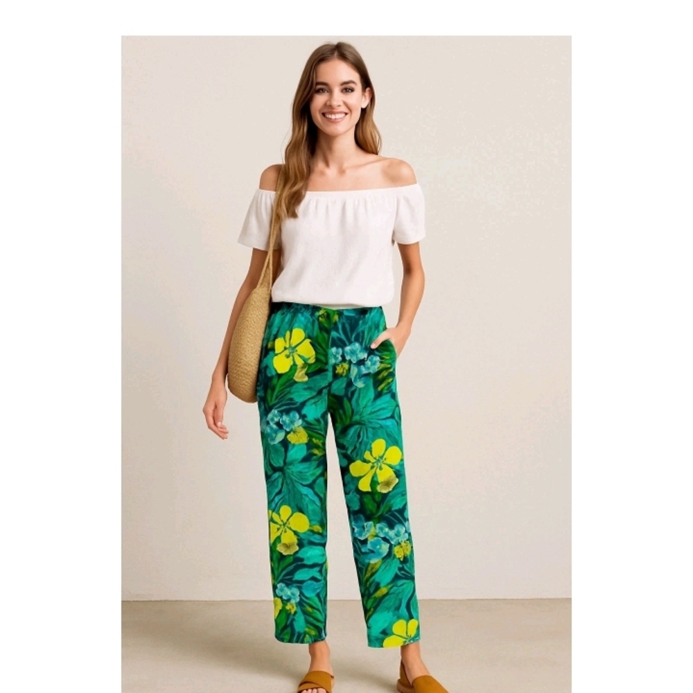 Talbots Easy Slim Leg Rainforest Botanical Print Straight Pull On Pants Size L